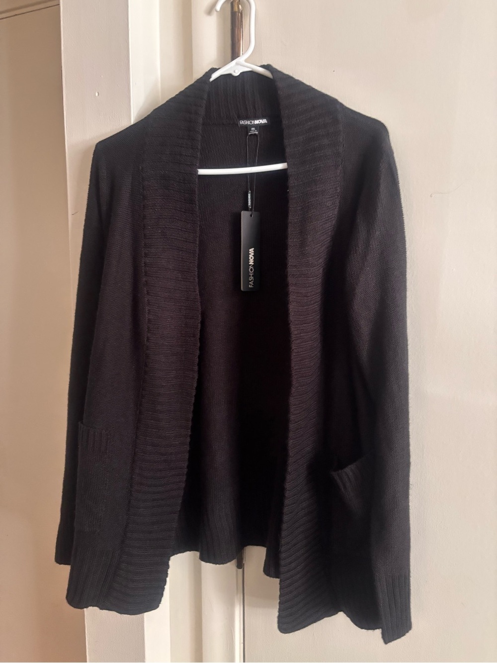 Fashion Nova Black Open-Front Ribbed Shawl Collar Cardigan